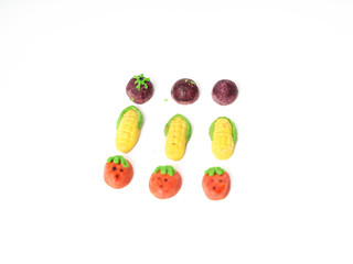 Colorful and attractive fruit shape biscuit or snack, corn, mangosteen, strawberry