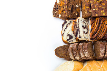 Various kinds of fresh bread, cake, homemade pastry on white isolated background. Food, vegetarian healthy food concept