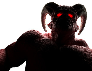 Powerful demon, devil, imp, monster with twisted horns, luminous eyes, muscle hillocks and scary skin. 3d render