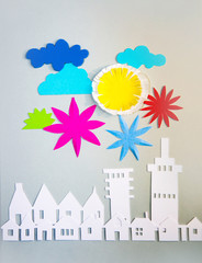 Happy City, skyscrapers and town houses. Property and house buying concept. Paper cut design background.