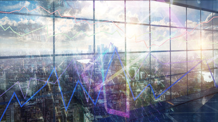 Glass screen and neon graphs, falling digits and diagrams. City of London at the background. Business concept, economy and finance 