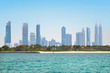 UAE, United Arab Emirates. Dubai and the Persian gulf at sunset. Under the water life illustration