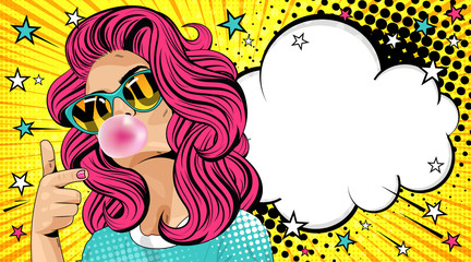 You. Gesture of the female hand. Sunglasses,  where the word `you` is reflected. Sexy surprised girl with red and curly hair. Open mouth with pink chewing gum. Vector colorful background illustration  - obrazy, fototapety, plakaty