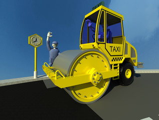 Innovative taxi service 3D illustration 2. A character stopping steam-roller yellow cab on the road in construction. Perspective view, sky background. Collection.