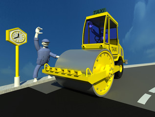 Innovative taxi service 3D illustration 1. A character taking steam-roller yellow cab on the road in construction. Perspective view, sky background. Collection.
