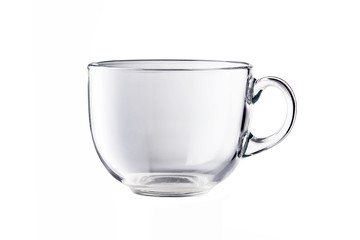 Empty glass cup for hot drinks isolated on white background