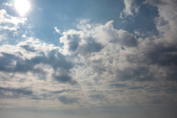 Dramatic sky with dark clouds at sunset.