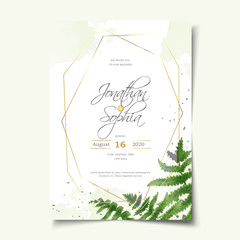 Watercolor fern golden wedding invitation, frame, wreath, cover template layout vector