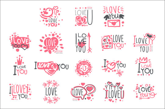 Romantic I Love You Message For St Valentines Day Postcard, Colorful Graphic Design Template Logo Set, Hand Drawn Vector Stencils
