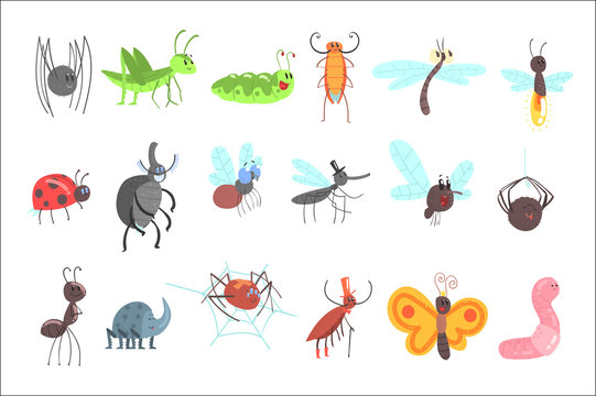 Cute Friendly Insects Set With Cartoon Bugs, Beetles, Flies, Spiders And Other Small Animals