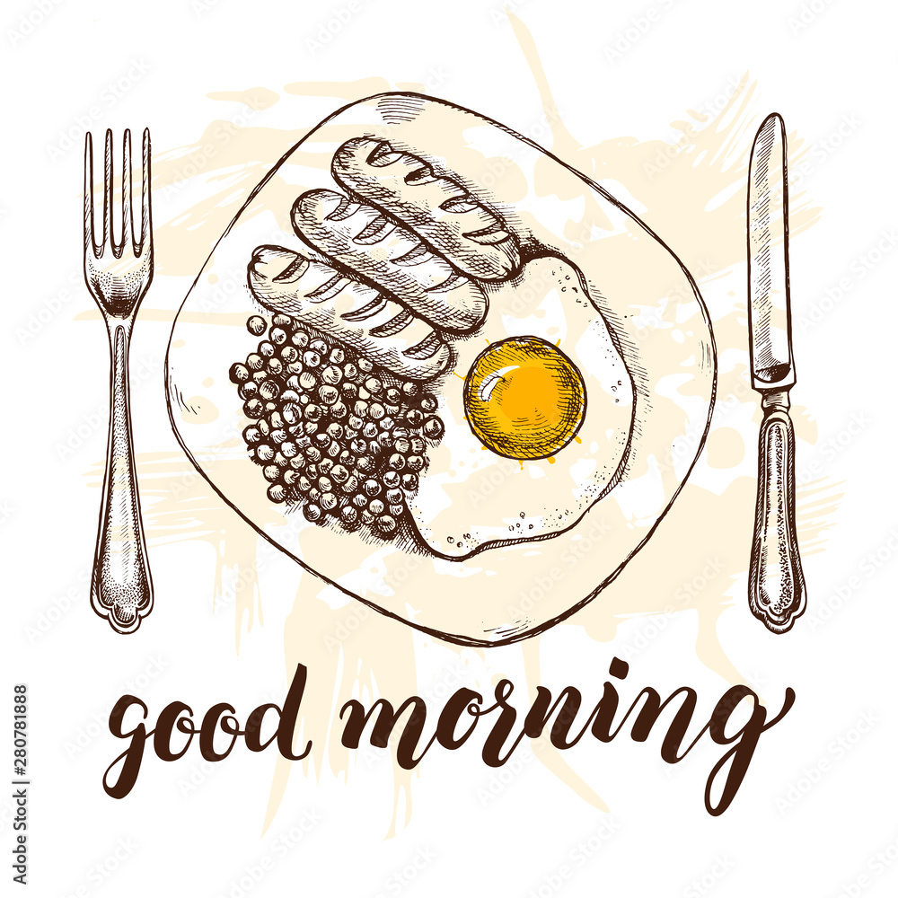 Poster Fried egg with green peas and sausages on a plate, served with a fork and knife. Ink hand drawn Vector illustration. Food element for menu design.