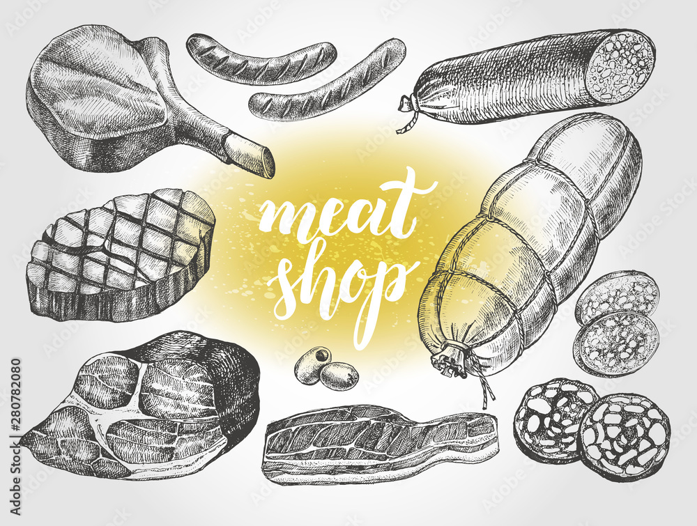 Poster Ink hand drawn set of meat products, bacon, salami and sausages. Food elements collection. Vector illustration with brush calligraphy style lettering.