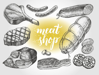 Ink hand drawn set of meat products, bacon, salami and sausages. Food elements collection. Vector illustration with brush calligraphy style lettering.