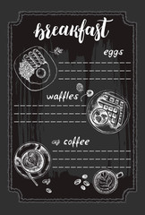 Background with Ink hand drawn Food elements. menu template on chalkboard with breakfast dishes and coffee. Vector illustration.