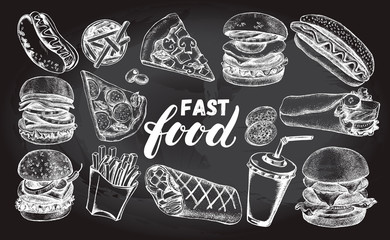 Ink hand drawn set of various burgers, hot dog, burrito, French fries, pizza slice.  Fast Food elements collection for menu or signboard design. Vector illustration.