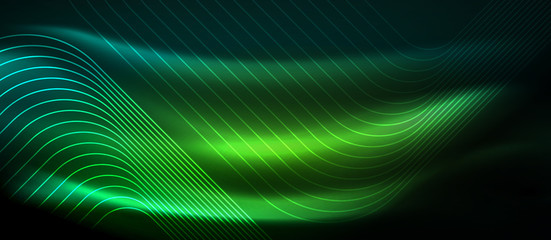 Dark background with neon glowing elements, shiny motion concept