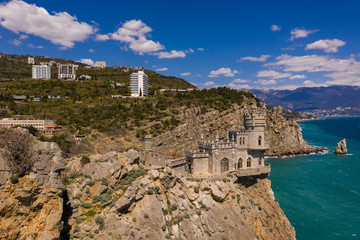 Castle Swallow's Nest on a rock at Black Sea, Crimea. Castle is located in the urban area of Gaspra, Yalta. Aerial drone view