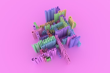 3D business keyword and words cloud. For web page, graphic design, texture or background. CGI rendering.