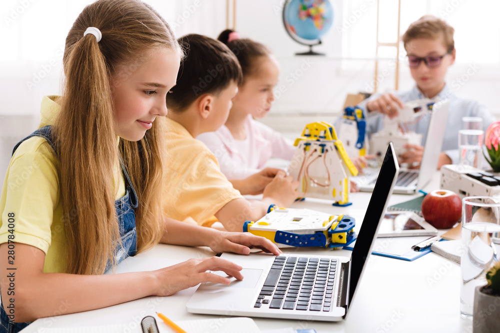 Poster stem education. girl programming diy robot with laptop