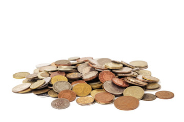 Different country coins on a white background