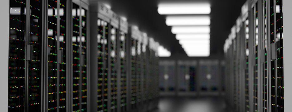 Server room data center. Backup, hosting, mainframe, farm and computer rack with storage information. 