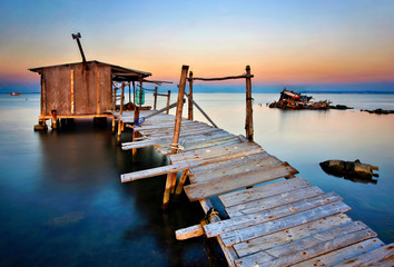 THESSALONIKI PREFECTURE, MACEDONIA, GREECE. Stilt hut in the Delta of Axios (also know as "Vardaris") river. 