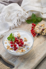 Bowl of fresh red currant and yogurt. Photo of breakfast bowl with farm fresh currant served on a wooden board.
