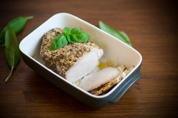 homemade baked meat with spices in ceramic form