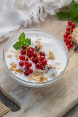 Bowl of fresh red currant and yogurt. Photo of breakfast bowl with farm fresh currant served on a wooden board.