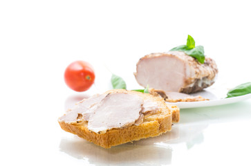 sandwich with home baked meat isolated on white