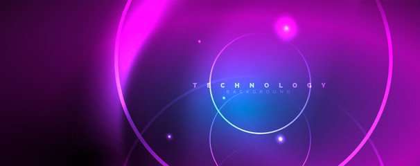 Trendy neon blue abstract design with waves and circles. Neon light glowing effect. Abstract digital background.