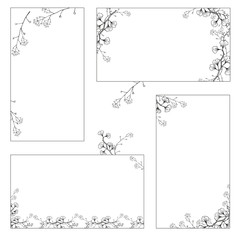 A set of stickers, business cards with hand drawings of black and white Ginkgo branches with leaves. Vector isolated illustration on white background.