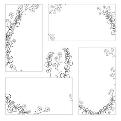 A set of stickers, business cards with hand drawings of black and white eucalyptus branches with leaves. Vector isolated illustration.