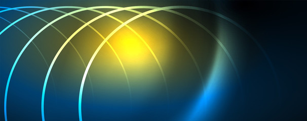 Trendy neon blue abstract design with waves and circles. Neon light glowing effect. Abstract digital background.