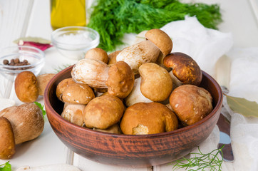 Fresh forest white mushrooms in a bowl with spices and fresh herbs on a wooden background