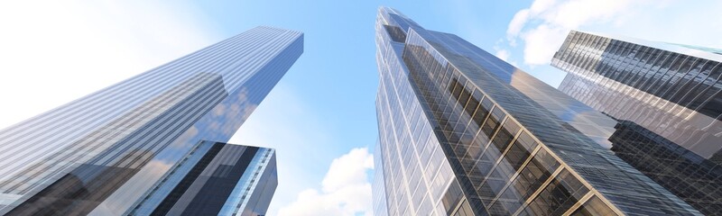 Skyscrapers against the sky, modern high-rise buildings from below, panorama of skyscrapers, 3d rendering