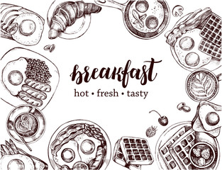 Ink hand drawn background with breakfast dishes - fried eggs, sausages, bacon, coffee. Food elements collection with brush calligraphy style lettering. Vector illustration. Menu or signboard template. - 280790011