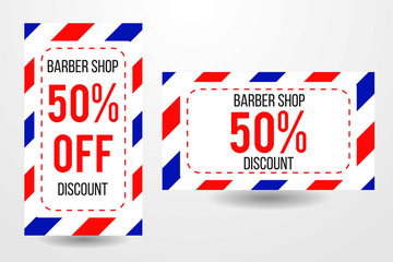 Two barber shop business cards with red blue and white stripes and 50% discount vector