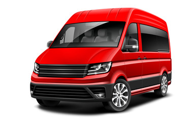 Plakat Red Generic Van Car On White Background. Minivan Family Automobile Or Cargo Van. Perspective View. Illustration With Isolated Path.