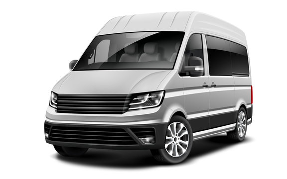 White Metallic Generic Van Car On White Background. Minivan Family Automobile Or Cargo Van. Perspective View. Illustration With Isolated Path.