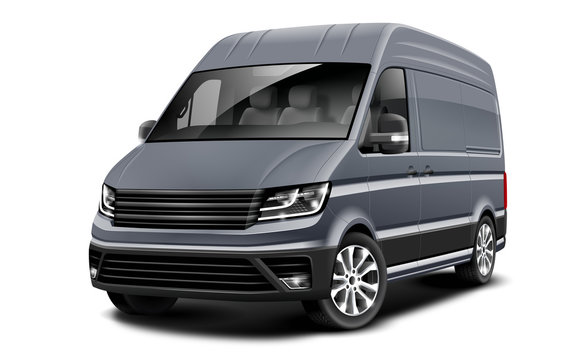 Grey Generic Van Car On White Background. Cargo Business Minivan. Perspective View. Illustration With Isolated Path.