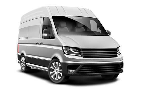 White Metallic Generic Van Car On White Background. Cargo Business Minivan. Perspective View. Illustration With Isolated Path.