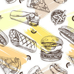 Decorative seamless pattern with Ink hand drawn burgers, pizza, shawarma. Food elements texture for your design. Vector illustration. - 280790276