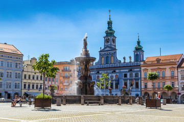 Main square with Samson fighting the lion fountain sculpture and bell tower in Ceske Budejovice....