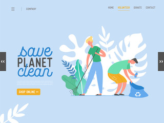 People Characters Removing Trash from Planet. Characters Cleaning Earth Surface. Recycling and Ecology, Saving Planet Concept Website Landing Page, Web Design Flat Vector Illustration, Banner