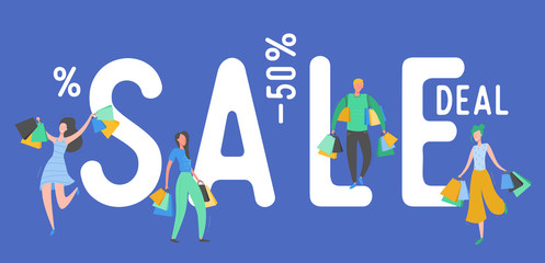 Set of people with Shopping Bags and Presents. Man and woman Characters, Big sale, Discount and Advertising Banner, Black Friday, Flyer, promo Poster Concept illustration in vector