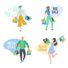 Set of people with Shopping Bags and Presents. Man and woman Characters, Big sale, Discount and Advertising Banner, promo Poster Concept illustration in vector