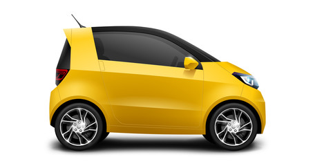 Yellow Generic Compact Small Car On White Background. Microcar Or Mini MPV. Perspective view. With Isolated Path.