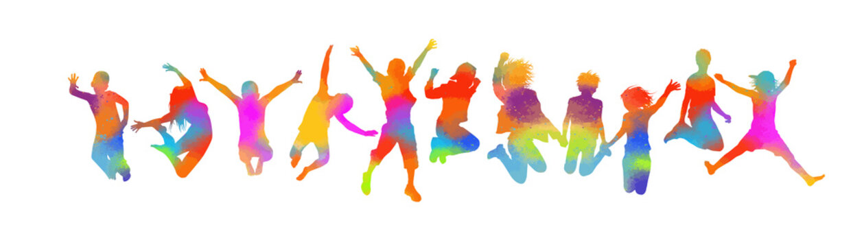 Silhouettes of jumping multicolored friends. Happy Friends Day. Usable as greeting cards, posters, clothing, t-shirt for your friends. Vector illustration