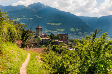Fototapeta na wymiar Dorf Tirol, Schloss Tirol, Herrschaftsweg, Waalweg, Vinschgau, Weinberge, Südtirol, Sommer, Italien